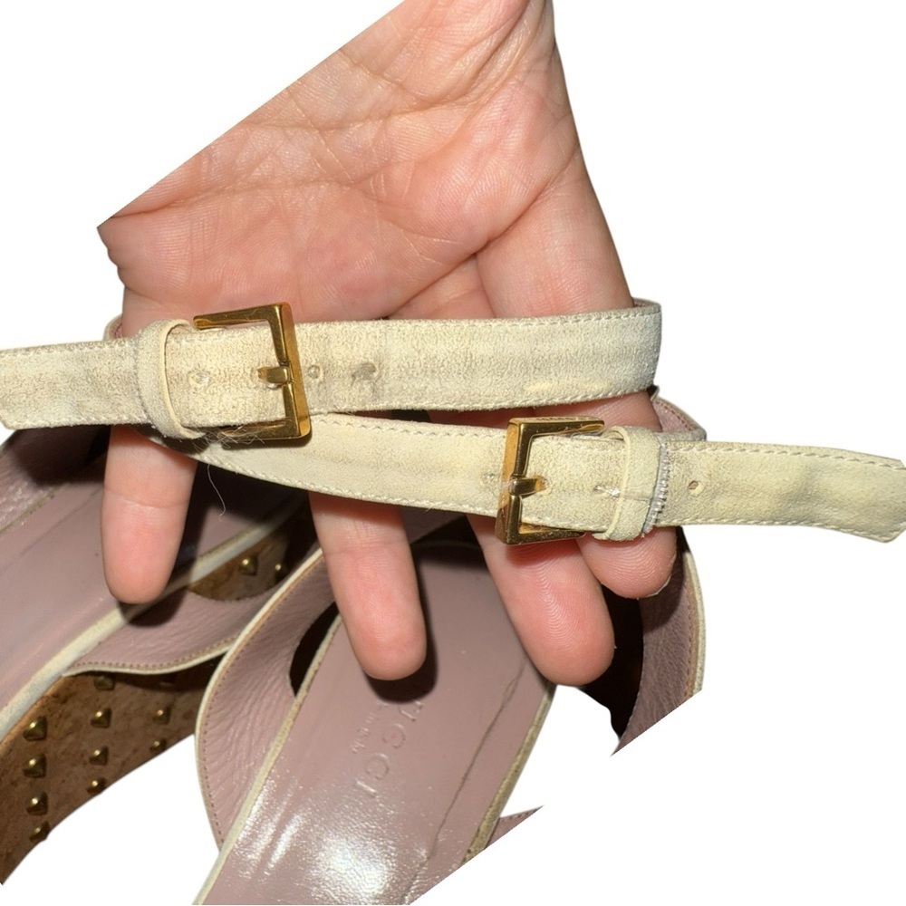 ▶️ Gucci ◀️ Liliane Suede Cork Cream and Gold Studded Sandals. Size 38 - Picture 9 of 16